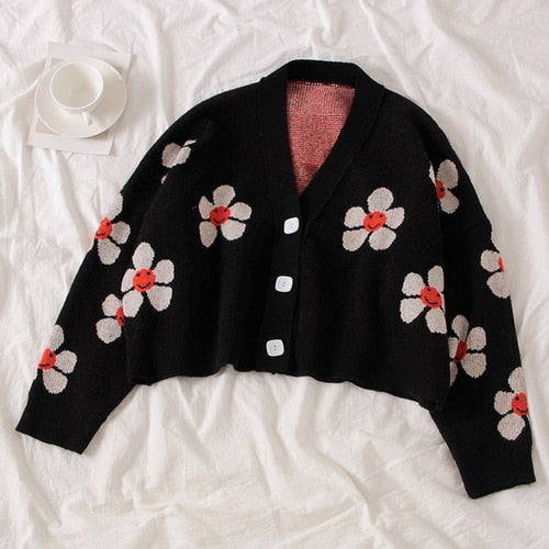 Preppy Style Floral Knitted Cardigans