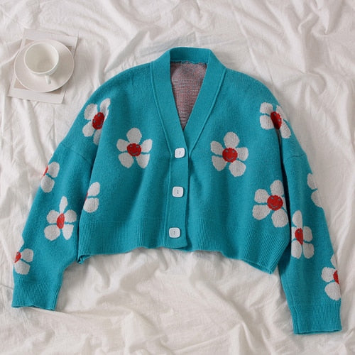 Preppy Style Floral Knitted Cardigans