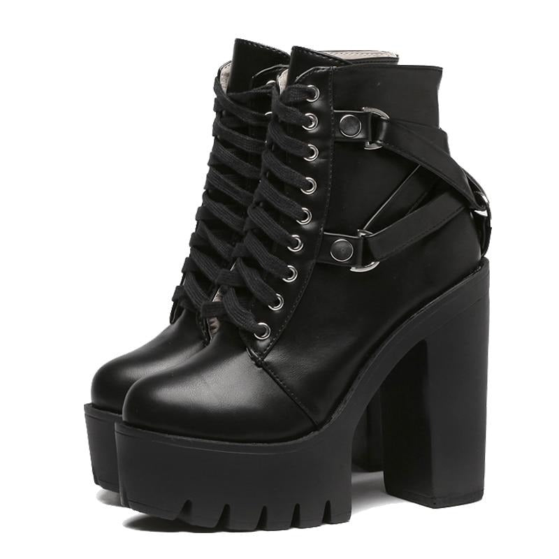 Women Gothic Black Boots Lace-up Platform Ankle High Heels Punk