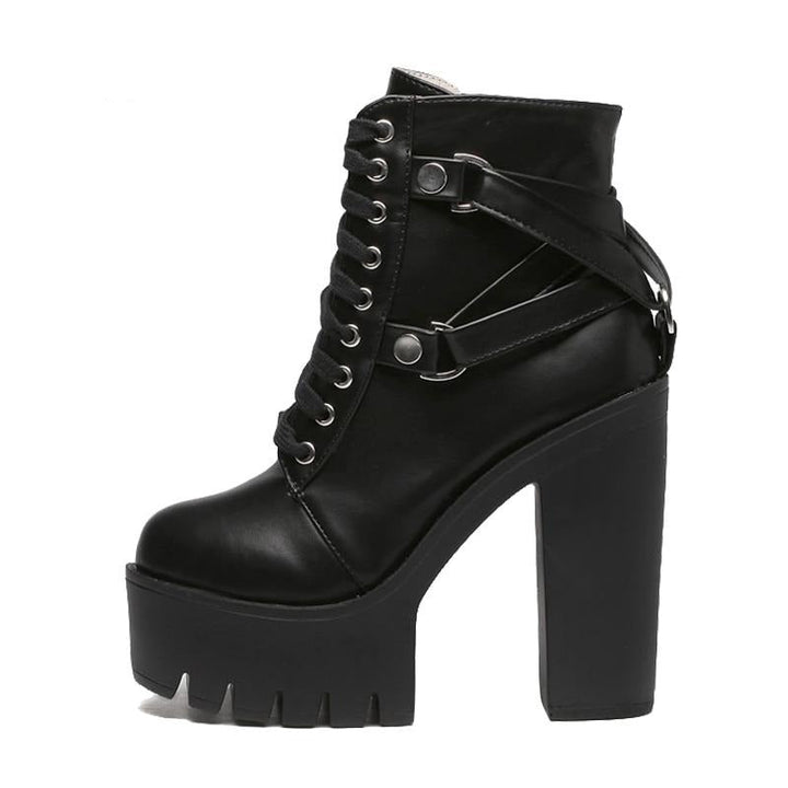 Women Gothic Black Boots Lace-up Platform Ankle High Heels Punk