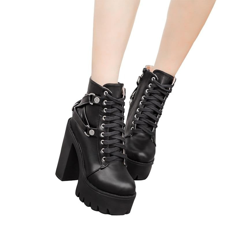 Women Gothic Black Boots Lace-up Platform Ankle High Heels Punk