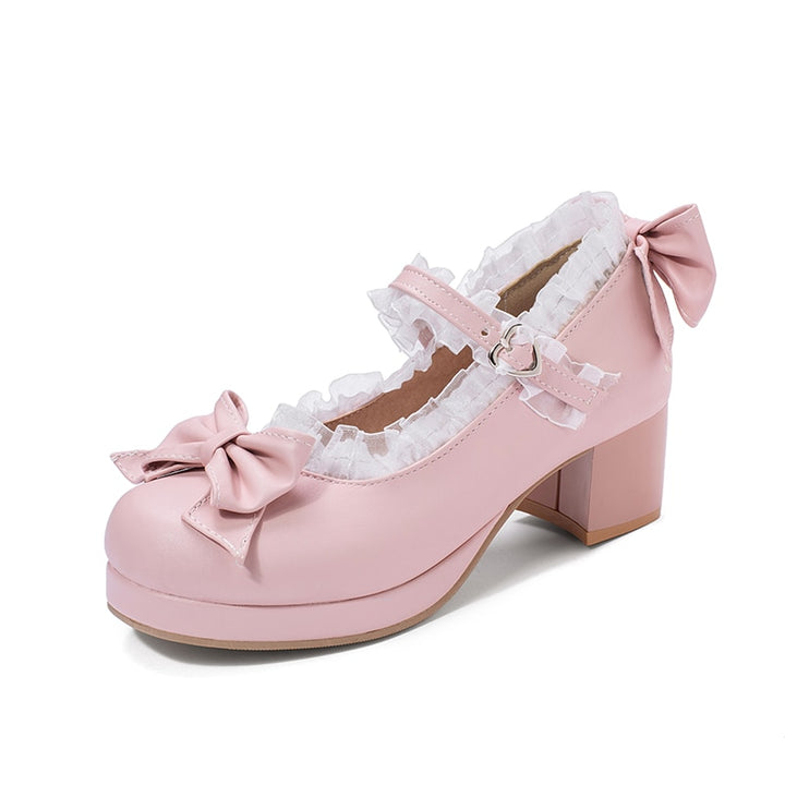 Girls Sweet Lolita Ruffles Bowknot Lace Bridal Wedding Shoes