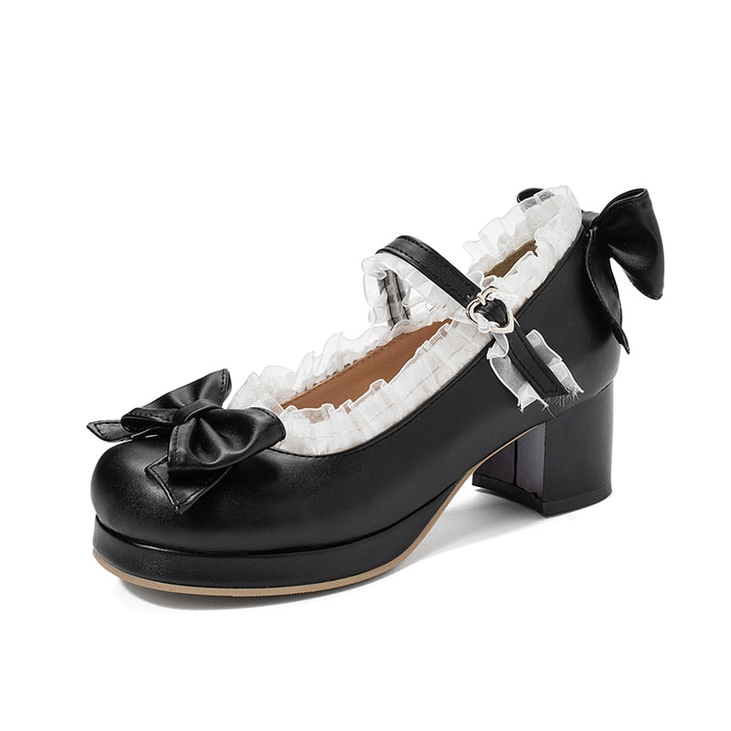 Girls Sweet Lolita Ruffles Bowknot Lace Bridal Wedding Shoes