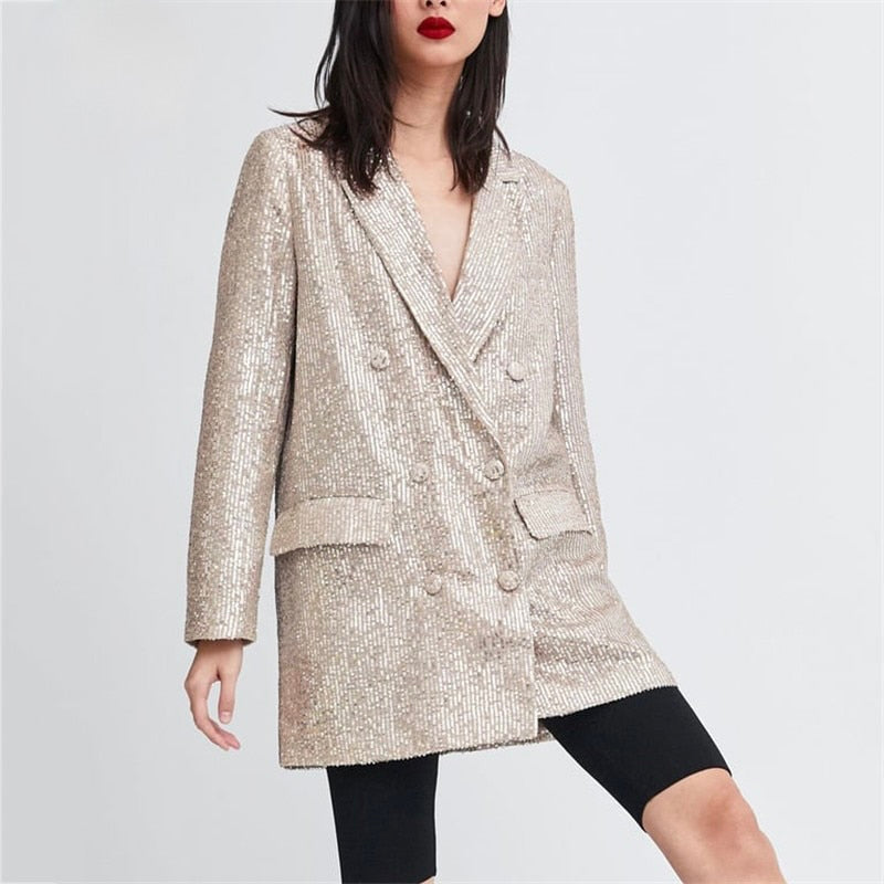 Women Sequin Blazer Shining Pocket Mid-Length Suits Jacket