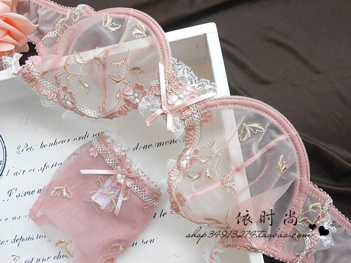 Sweet Embroidery Transparent Lace Bra Set