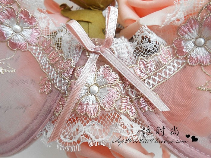 Sweet Embroidery Transparent Lace Bra Set