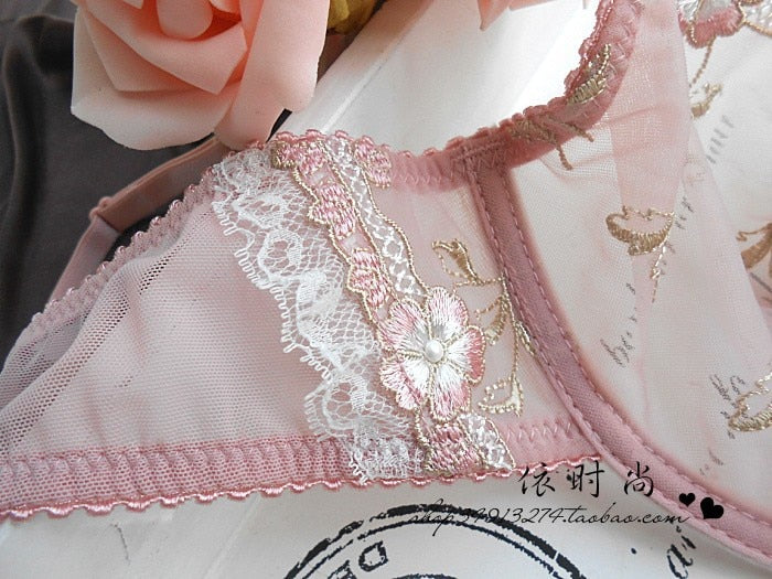 Sweet Embroidery Transparent Lace Bra Set