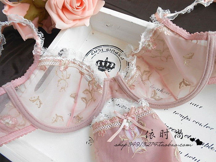 Sweet Embroidery Transparent Lace Bra Set