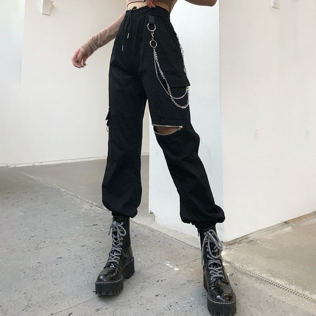 Alt E Girl Goth Black Metal Chain Cargo Pants