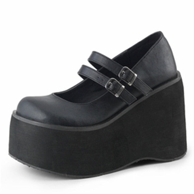 Goth Double Buckle Cute Mary Janes Wedges
