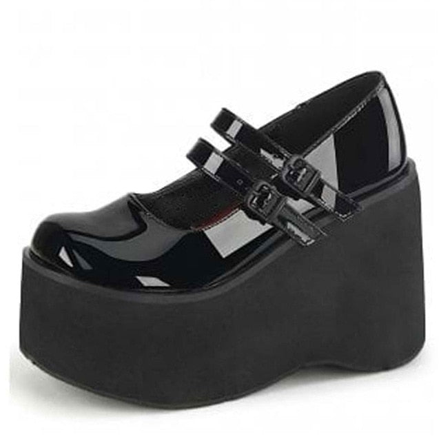 Goth Double Buckle Cute Mary Janes Wedges