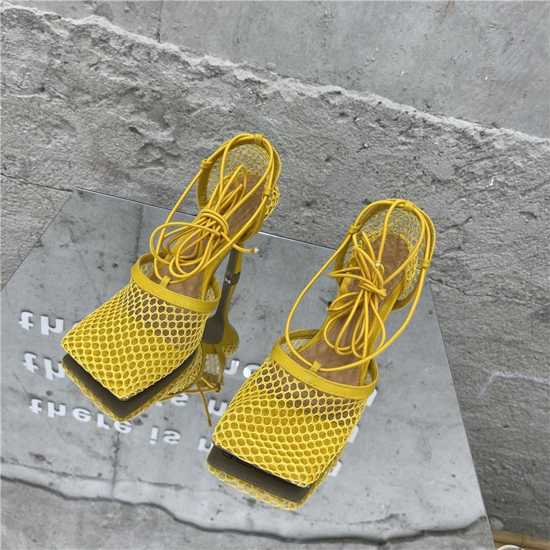 Mesh Square Toe Strap Pumps Sandals