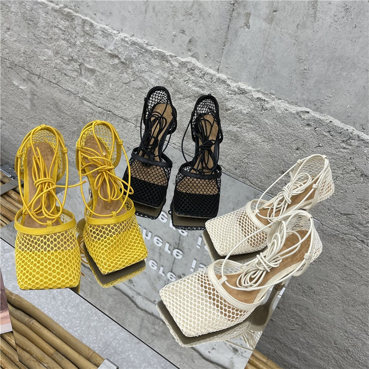 Mesh Square Toe Strap Pumps Sandals