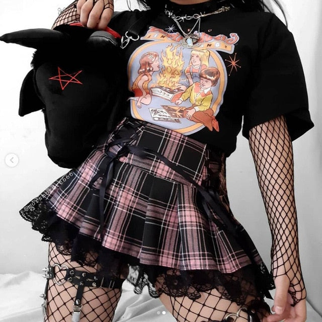 Japanese Gothic Plaid Lace Skirt