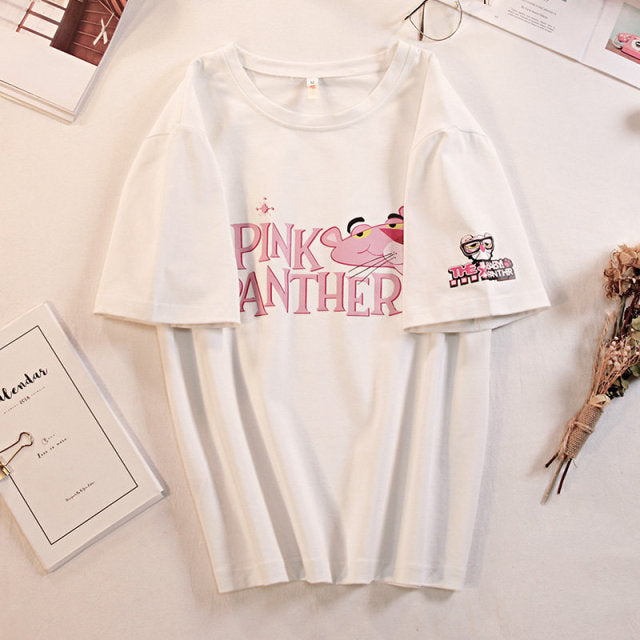 Pink Cute Panther Print Cartoon T-shirts