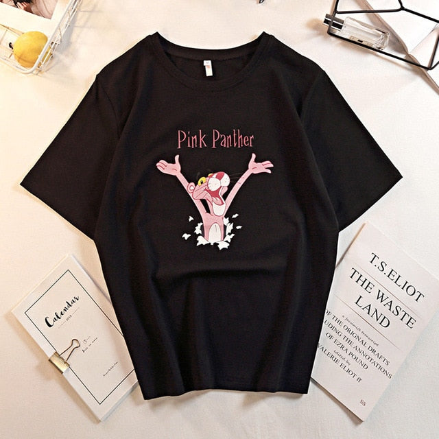 Pink Cute Panther Print Cartoon T-shirts