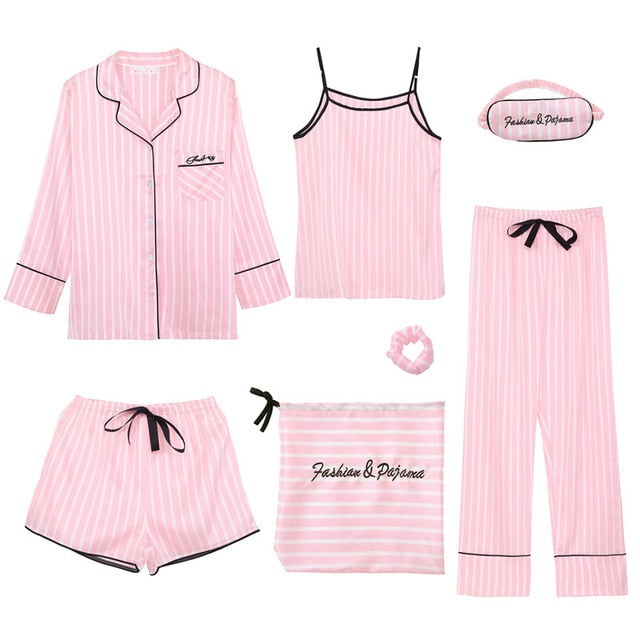 Pink 7 Piece Silk Pajamas Sets