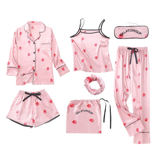 Pink 7 Piece Silk Pajamas Sets