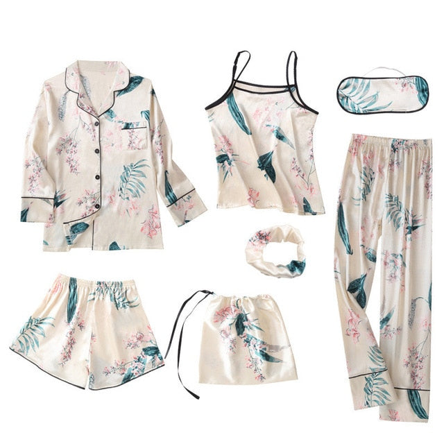 Pink 7 Piece Silk Pajamas Sets