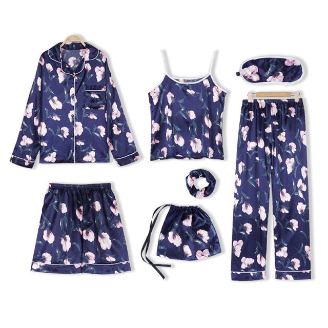 Pink 7 Piece Silk Pajamas Sets