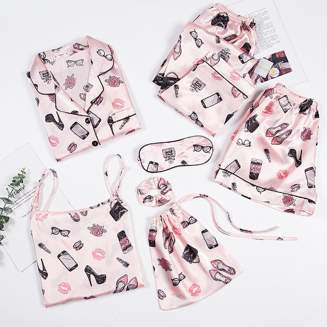 Pink 7 Piece Silk Pajamas Sets