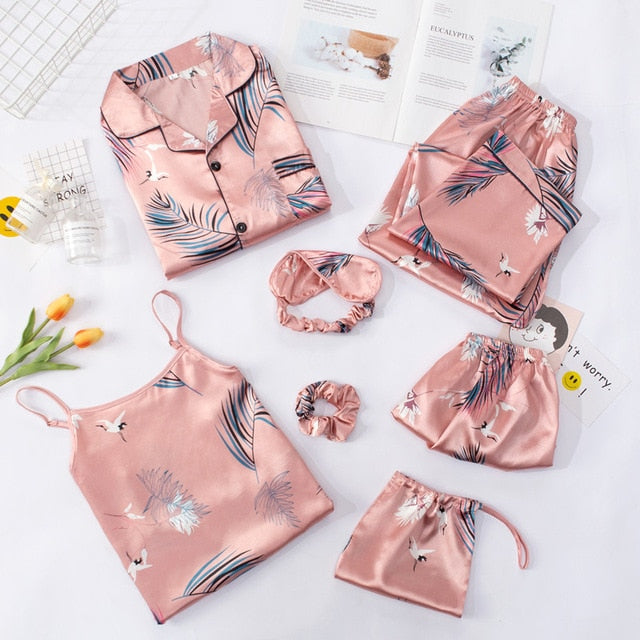 Pink 7 Piece Silk Pajamas Sets