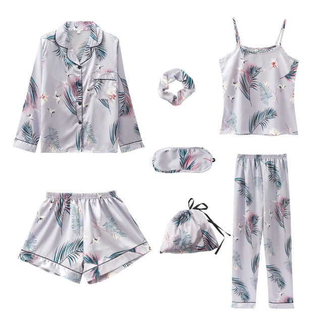 Pink 7 Piece Silk Pajamas Sets