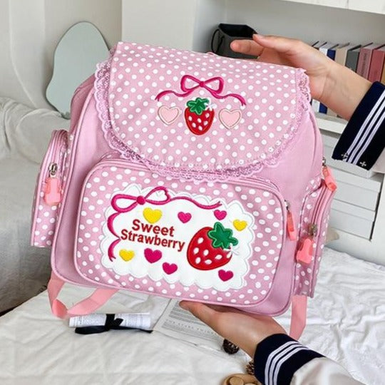 Pink Girl Embroidery Strawberry Schoolbag