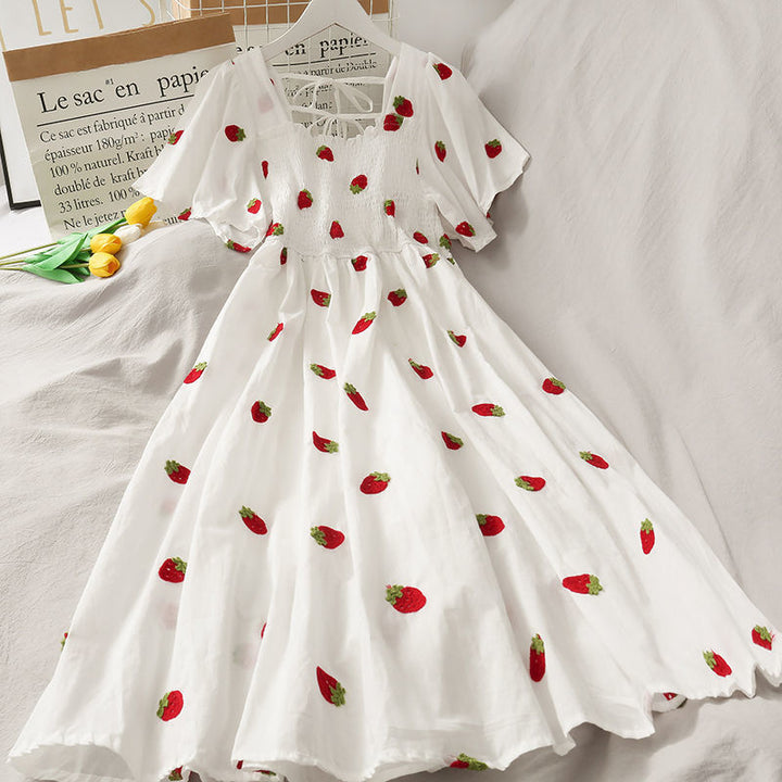 Korean Cherry Strawberry Puff Sleeve Dress