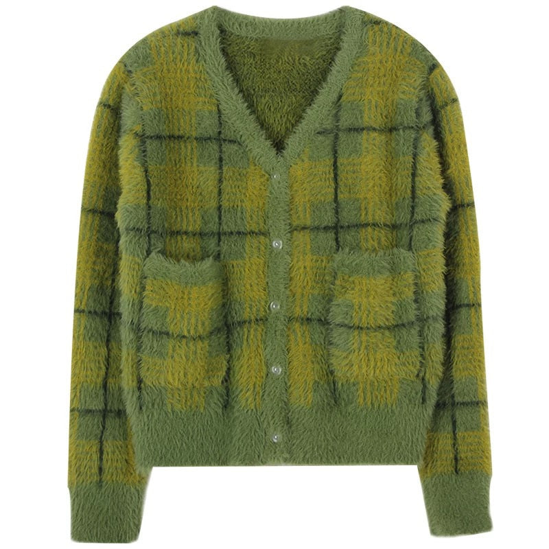 Olive Fuzzy Plaid Cardigan