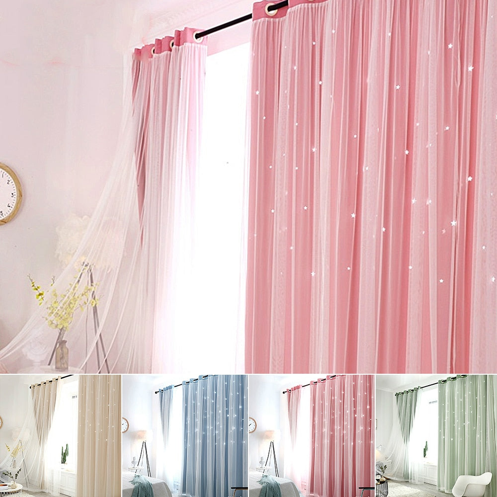 Cute Pink Window Curtain Hollowed Out Stars for Bedroom