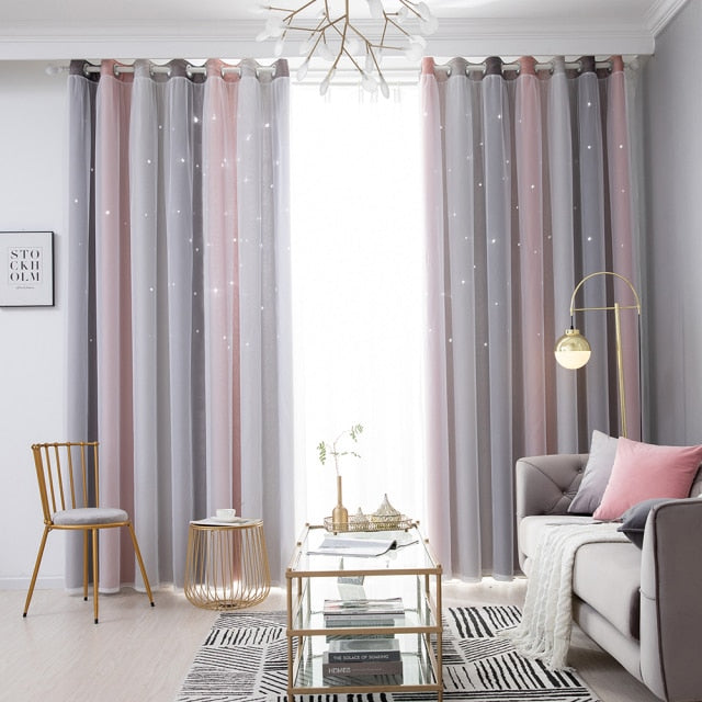 Cute Pink Window Curtain Hollowed Out Stars for Bedroom