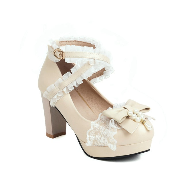 Cute Bow Lace Mary Jane Lolita High Heels