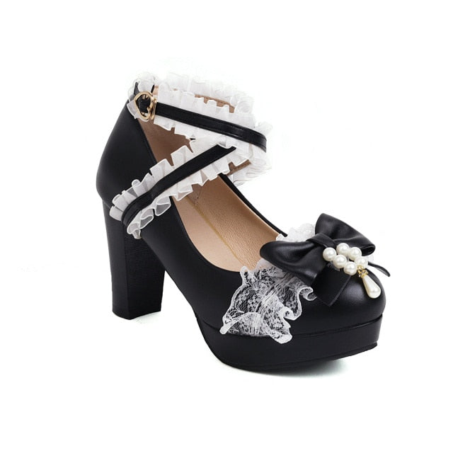Cute Bow Lace Mary Jane Lolita High Heels