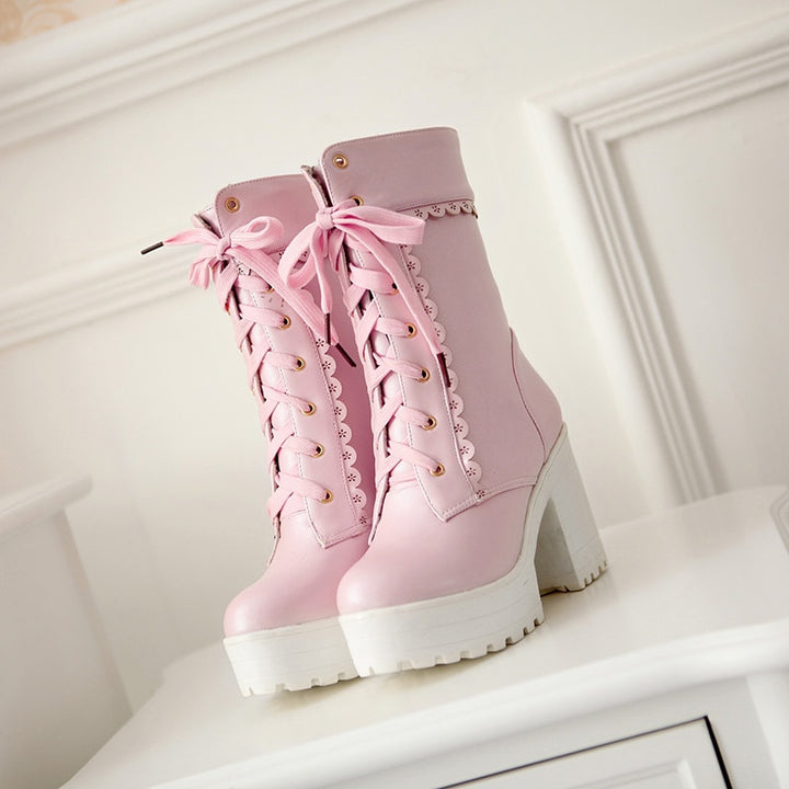 Pink Girl Lace Up Platform Boots