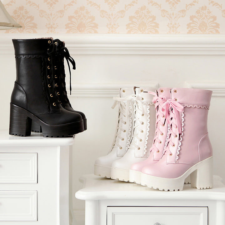 Pink Girl Lace Up Platform Boots