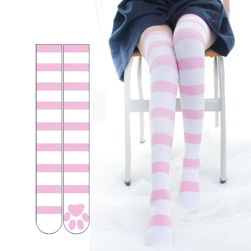 Pink Strip Kawaii Cat Paw Stockings