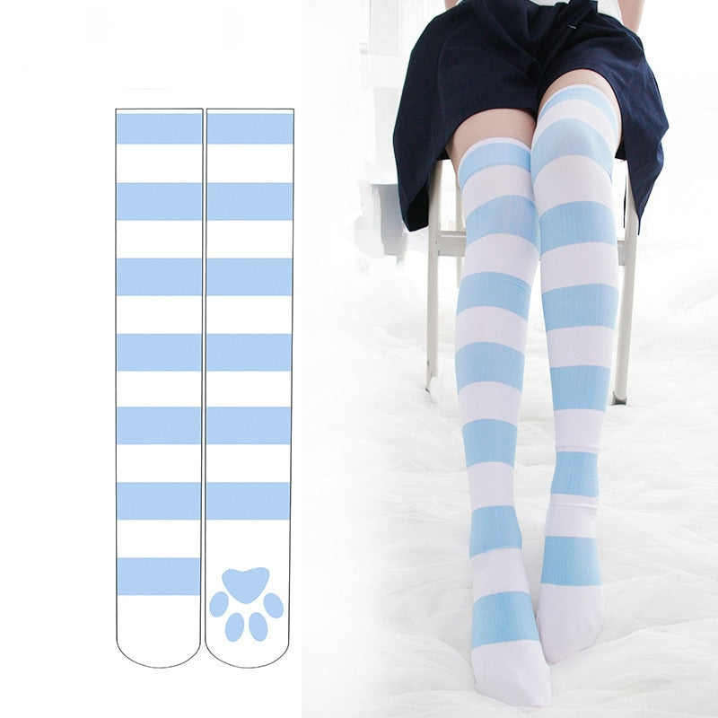 Pink Strip Kawaii Cat Paw Stockings