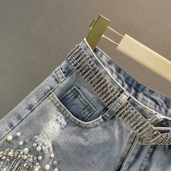 Women Summer Denim Shorts High Waisted Ripped Rhinestone Pearl Frayed Raw Hem Blue Jean Shorts
