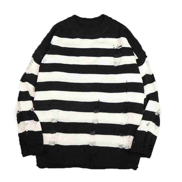Fall Winter Striped Long Sleeve Crew Neck Ribbed Knit Oversized Pullover Sweater