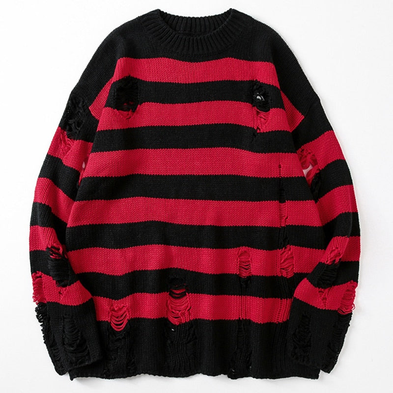 Fall Winter Striped Long Sleeve Crew Neck Ribbed Knit Oversized Pullover Sweater