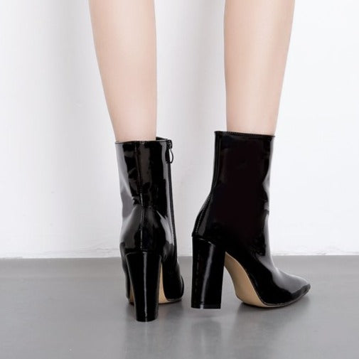 Pointed Thick Heel  Zipper Boots