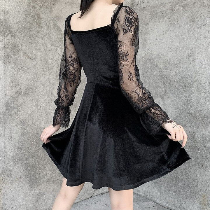 Mini Dres Black Grunge Velvet Long Sleeve Dress