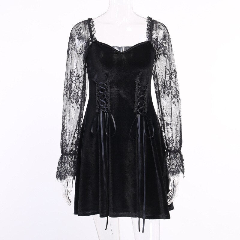 Mini Dres Black Grunge Velvet Long Sleeve Dress