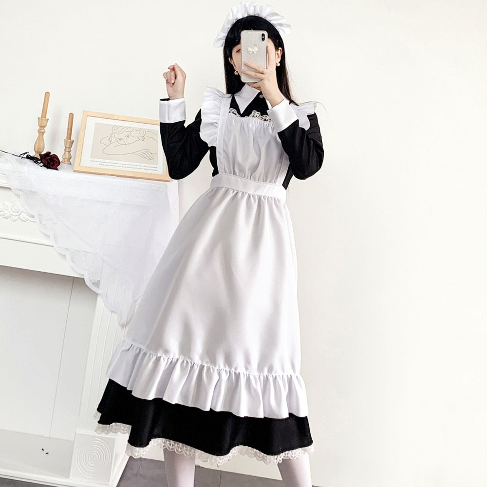 Black and White Long Dress Gothic Style Maid Costume