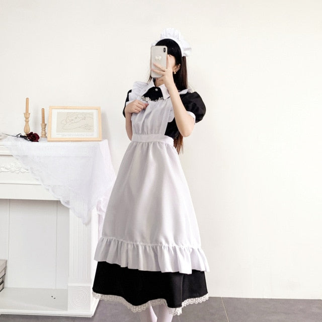 Black and White Long Dress Gothic Style Maid Costume