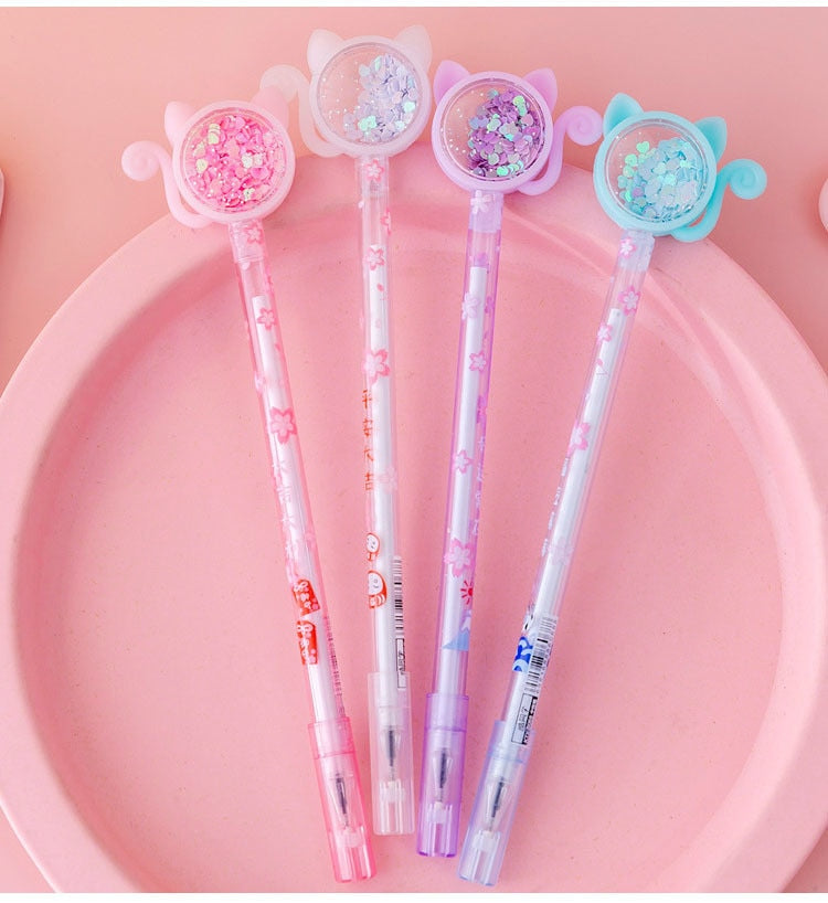4 Pcs Stationery Kawaii Gel Pen Cat Glitter Design