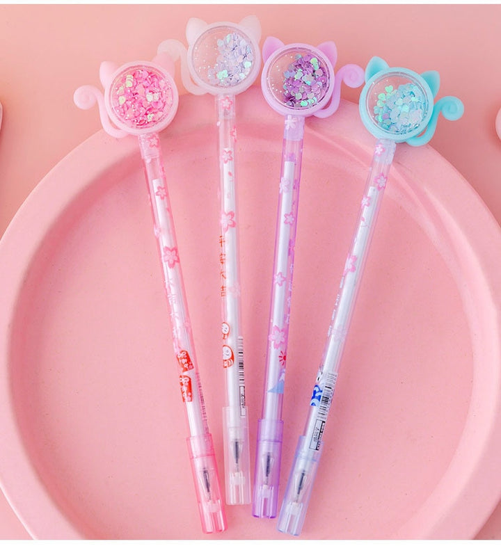 4 Pcs Stationery Kawaii Gel Pen Cat Glitter Design