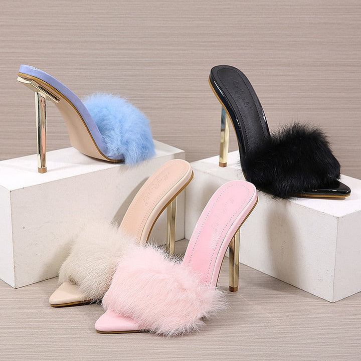 Sexy Pointed Toe Fluffy Sandals Stiletto Heels