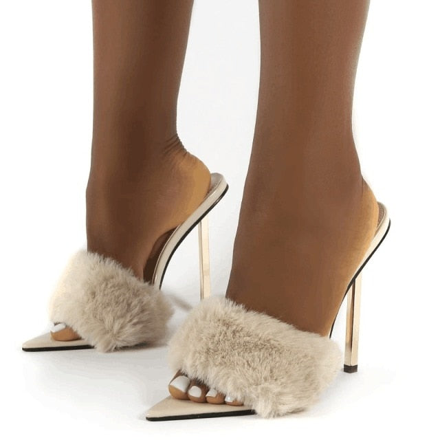 Sexy Pointed Toe Fluffy Sandals Stiletto Heels